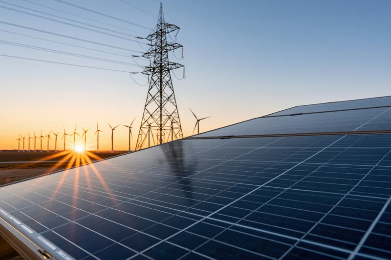 Solar panels reflecting golden sunset light with wind turbines and power tower in background
