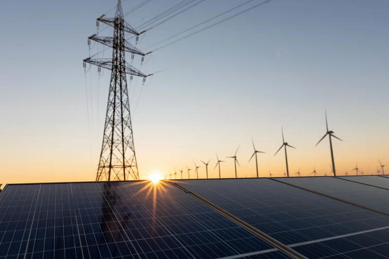 Solar panels reflecting golden sunset light with wind turbines and power transmission tower in background
