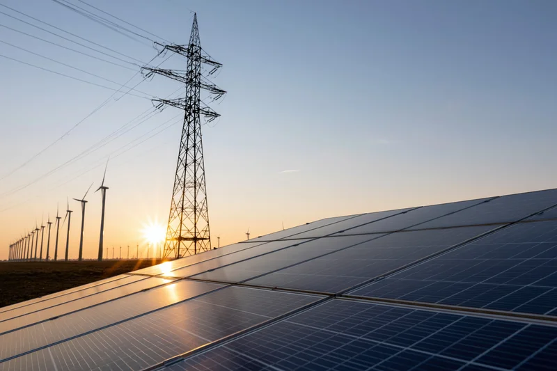 Solar panels reflecting golden sunset light in a field with wind turbines and power transmission tower in the background