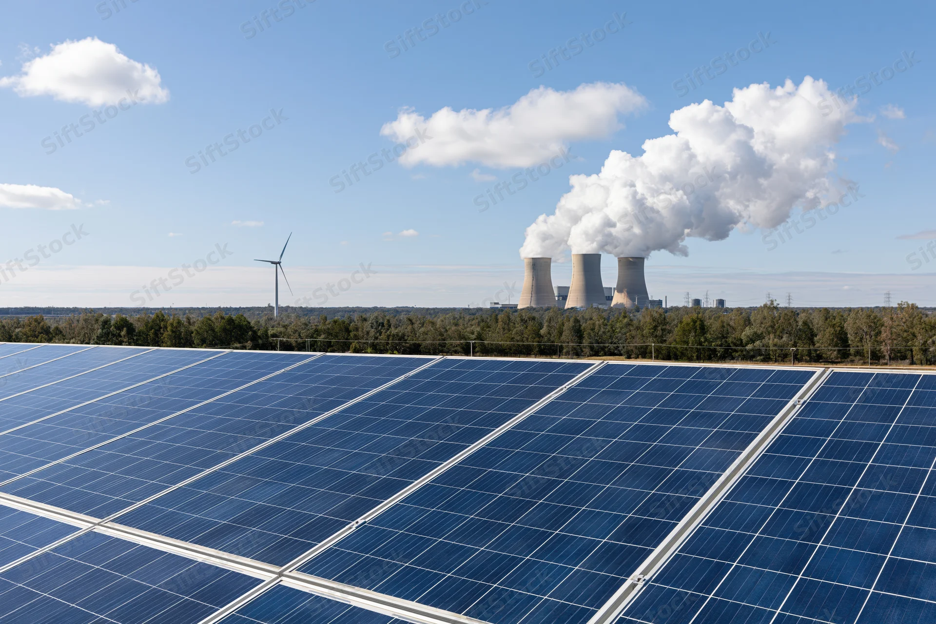 Solar panels in foreground with coal power plant in background emitting steam under blue sky