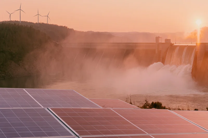 Solar panels in foreground with hydroelectric dam releasing water at sunset