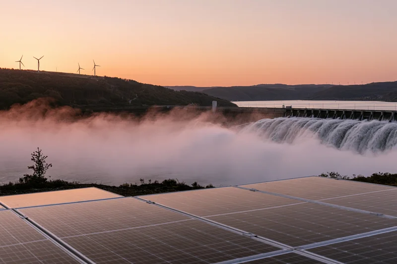 Solar panels in foreground with hydroelectric dam and waterfall at sunset, wind turbines on hills in distance