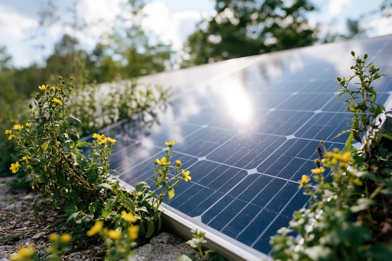 Low-mounted solar panel surrounded by wild yellow flowers in a natural outdoor setting