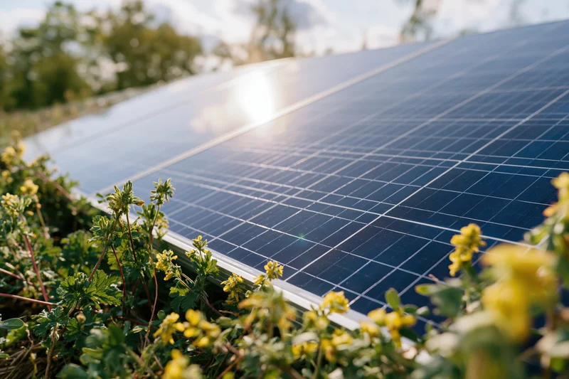 Solar panels mounted low to the ground surrounded by wild green plants and yellow flowers in a rural outdoor setting