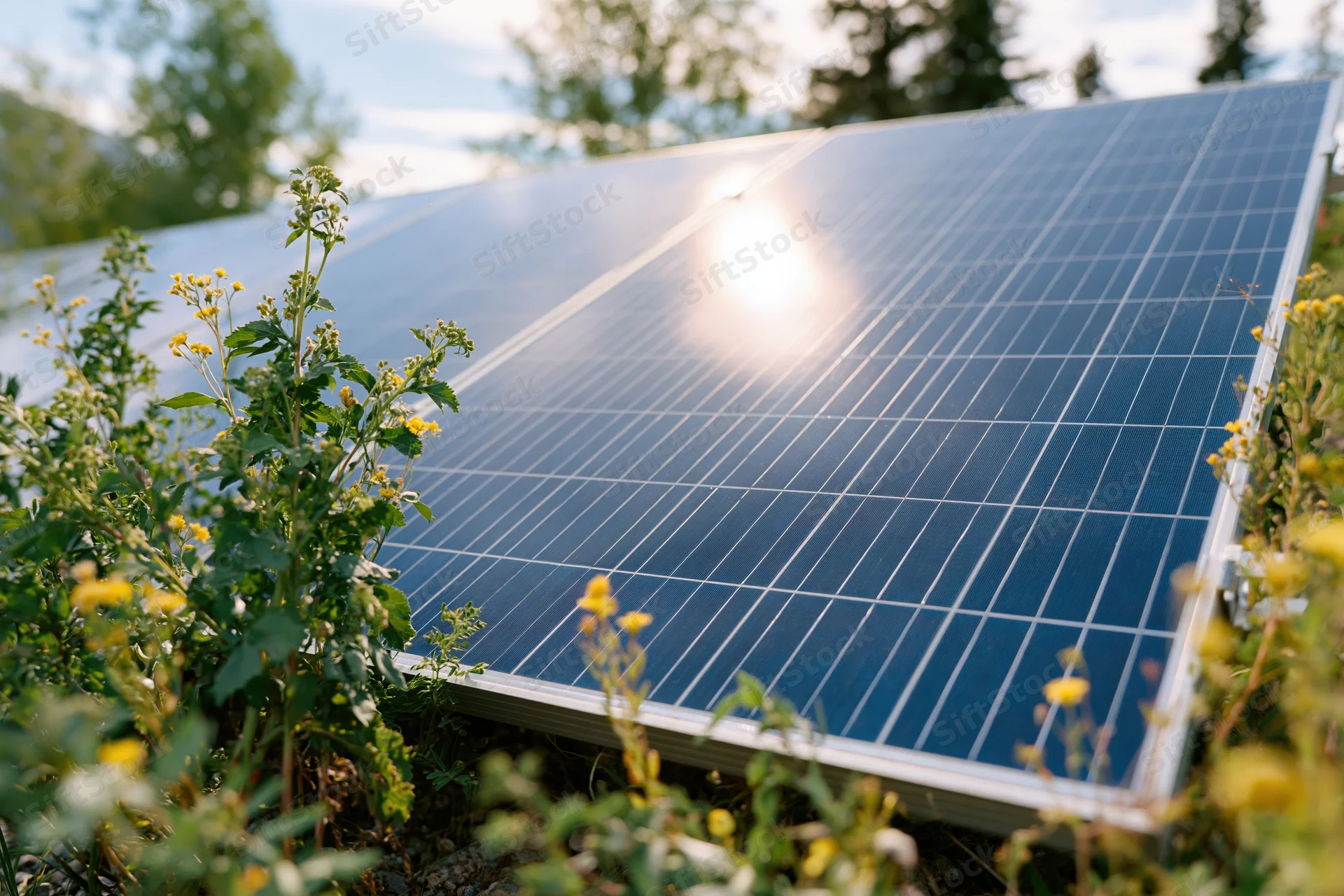 Solar panel mounted low to the ground surrounded by wild green plants and yellow flowers in a rural outdoor setting