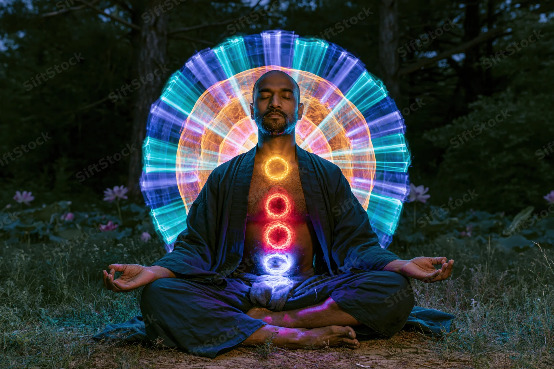 Southasian man in lotus pose meditating in forest with glowing chakras and aura light effect