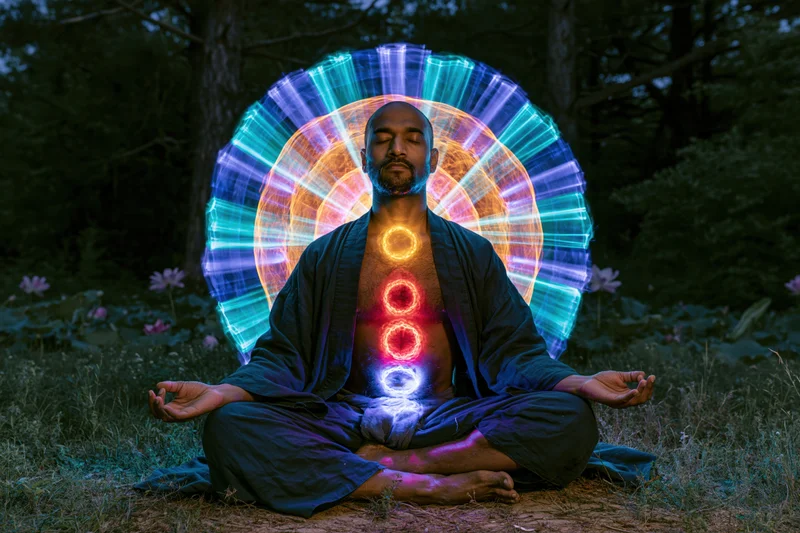 Southasian man in lotus pose meditating in forest with glowing chakras and aura light effect