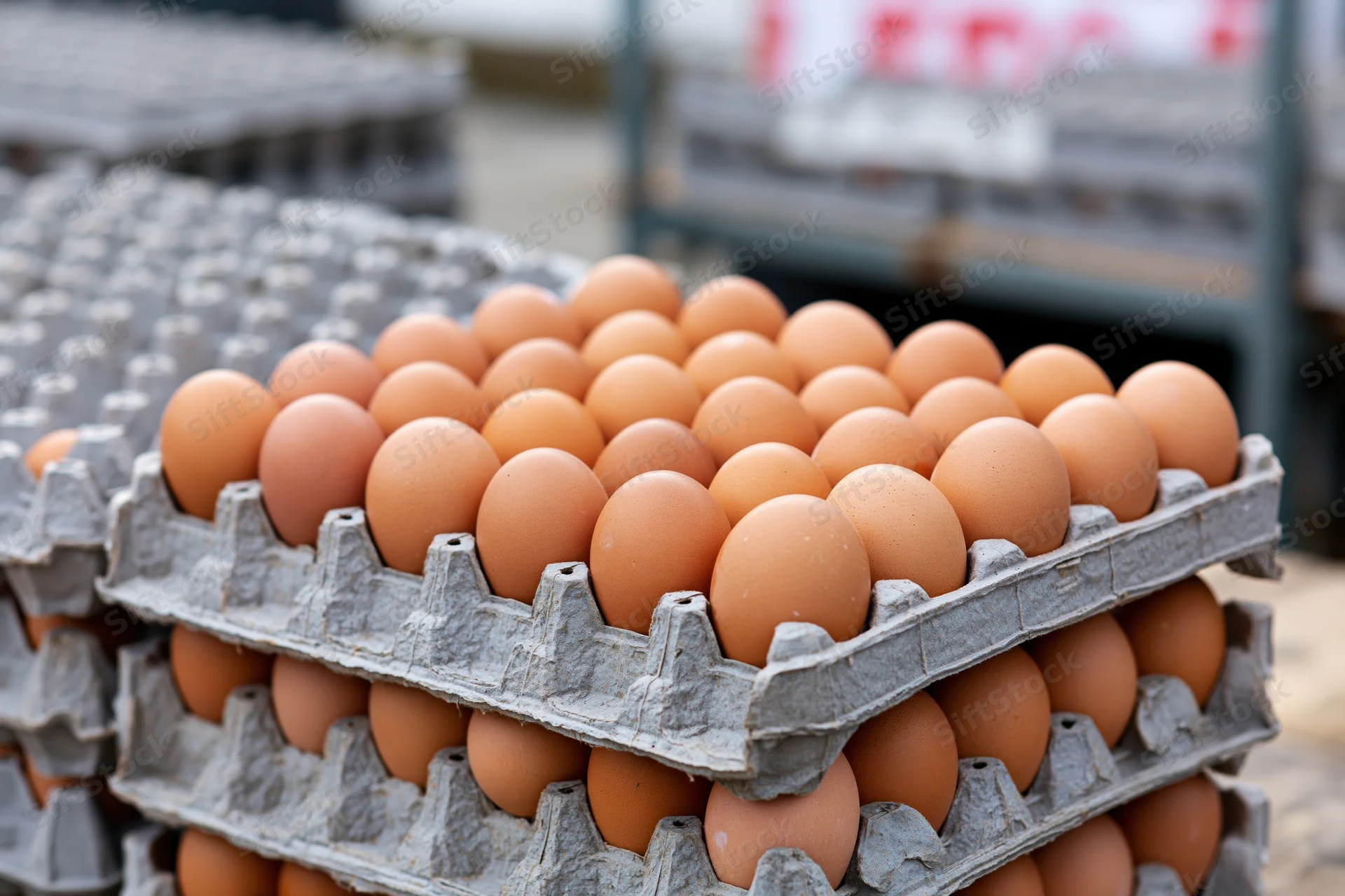 Stacked gray cardboard egg trays filled with brown chicken eggs in a farm storage area