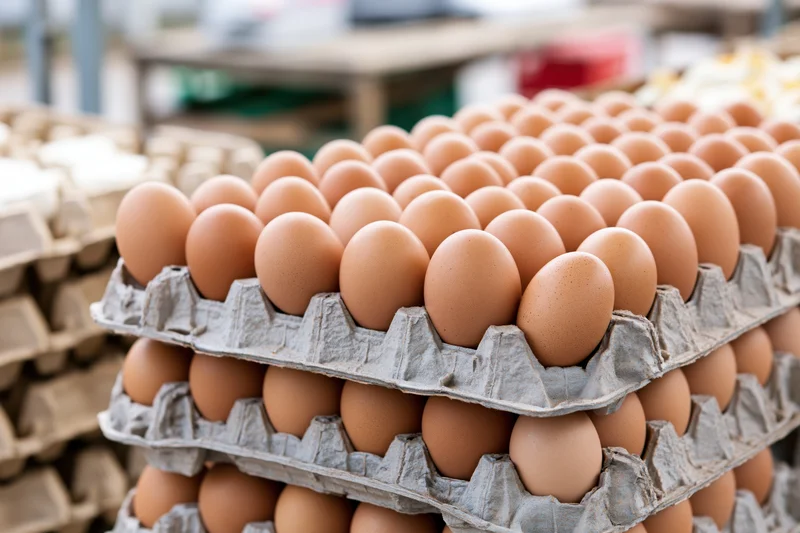 Stacked cardboard trays filled with brown chicken eggs at a market
