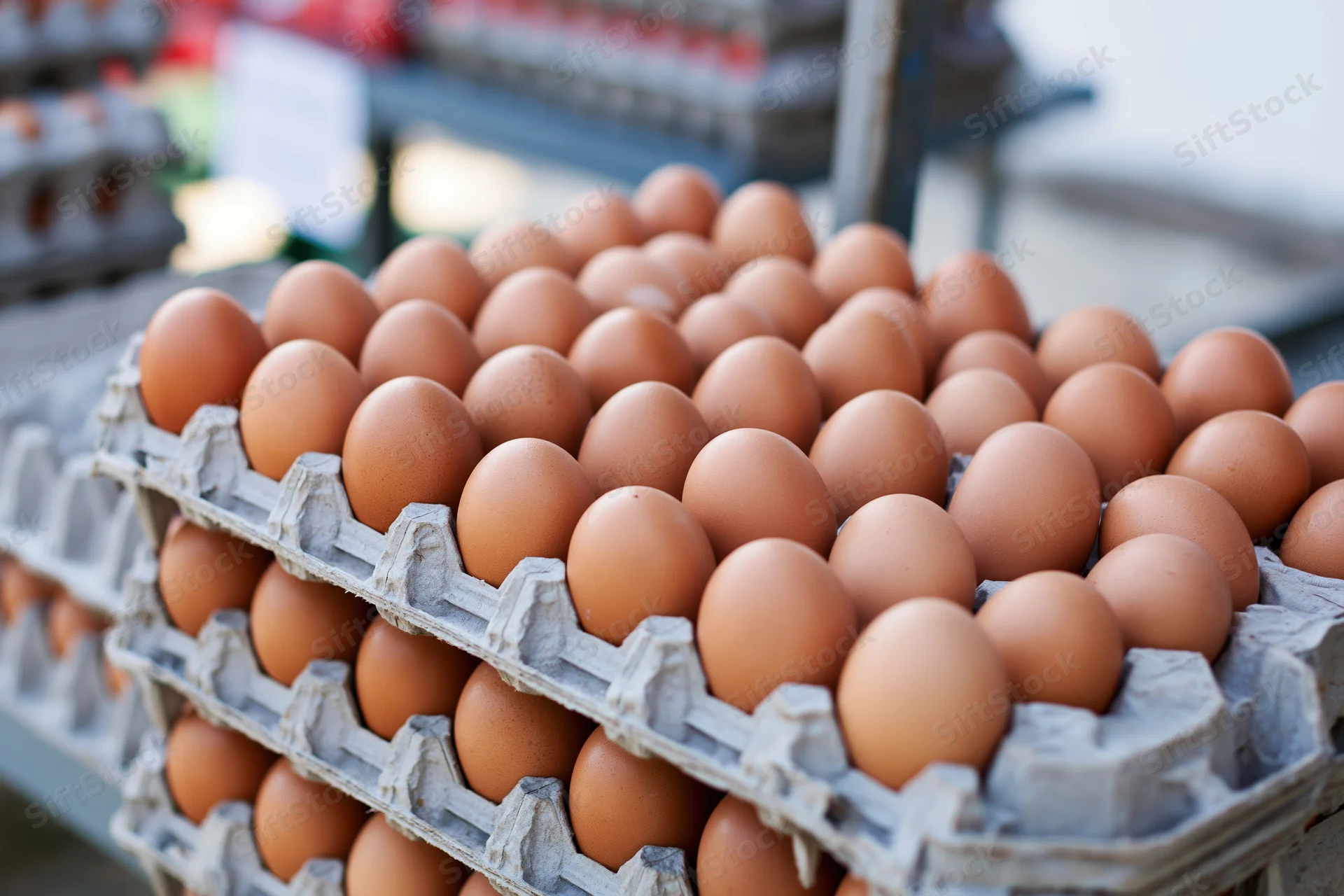 Stacked cardboard egg trays filled with brown chicken eggs at a market display