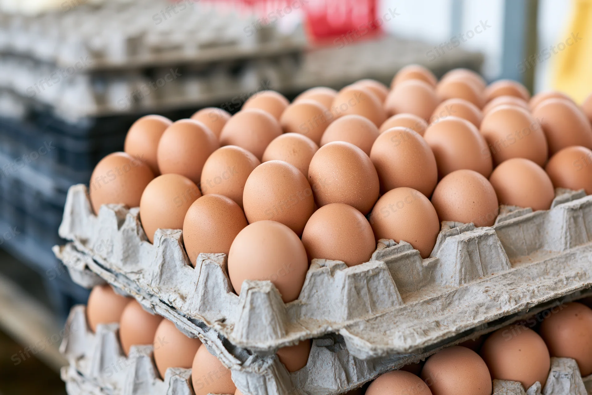 Stacked cardboard trays filled with brown chicken eggs in a market display