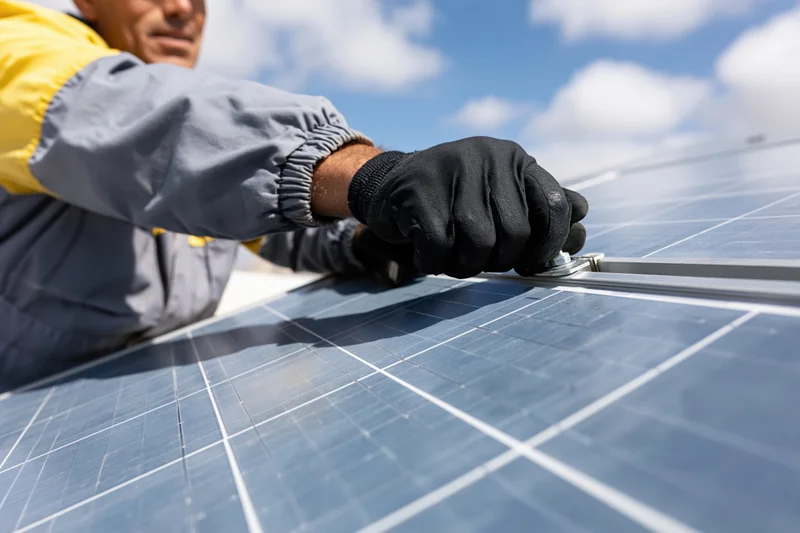Technician tightening bolt on rooftop solar panel with work gloves