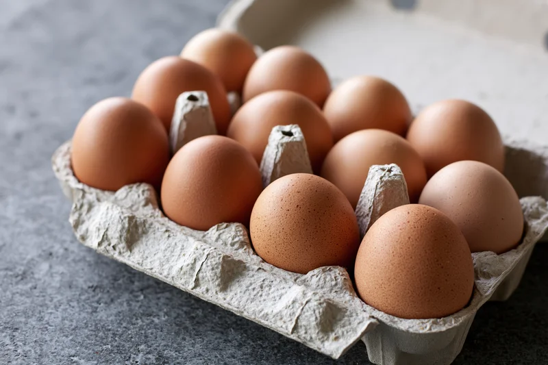Ten brown chicken eggs arranged in an open cardboard egg carton on a gray stone surface