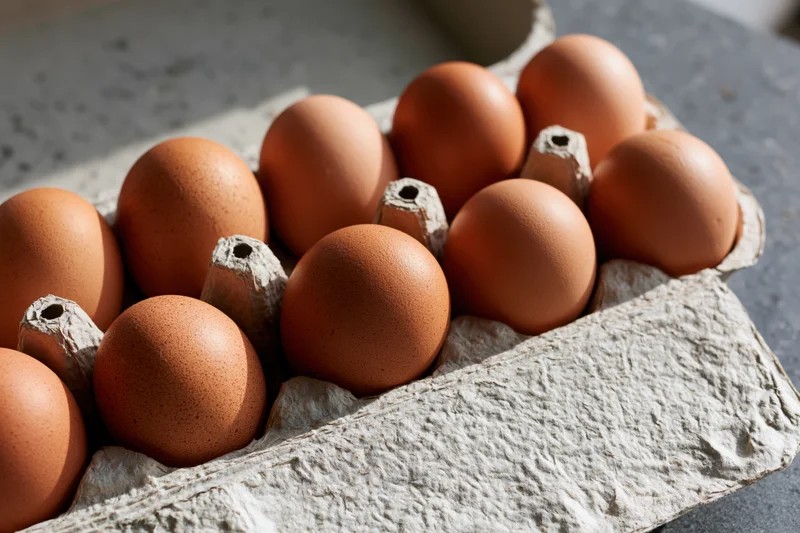 Ten brown chicken eggs arranged in an open cardboard egg carton on a textured surface