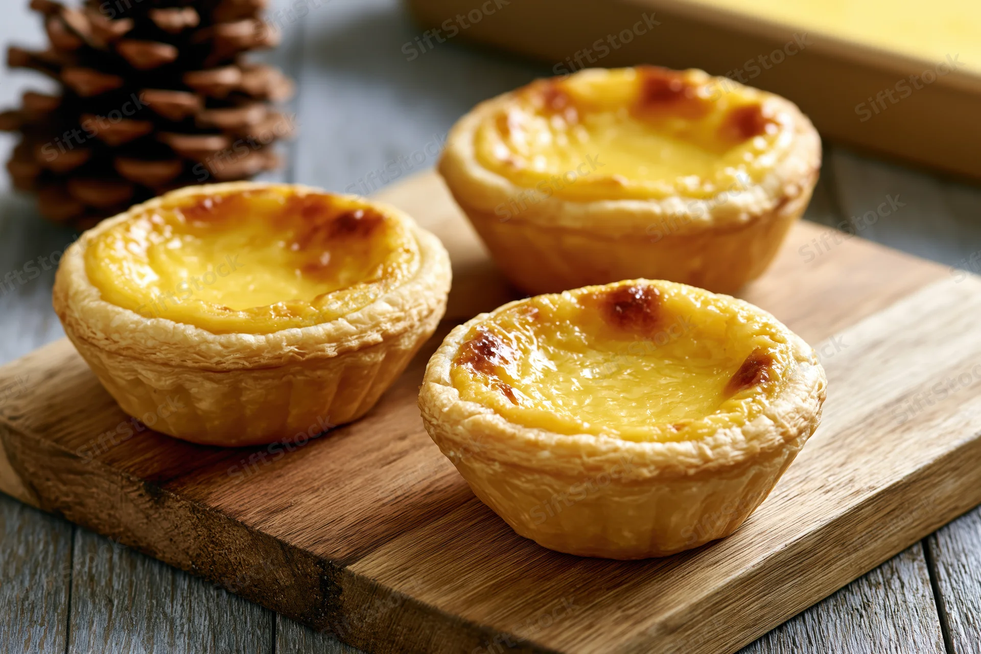 Three hong kong-style egg tarts with flaky puff pastry shells arranged on a wooden board