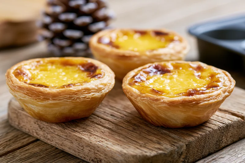 Three hong kong-style egg tarts with flaky puff pastry shells arranged on a wooden board