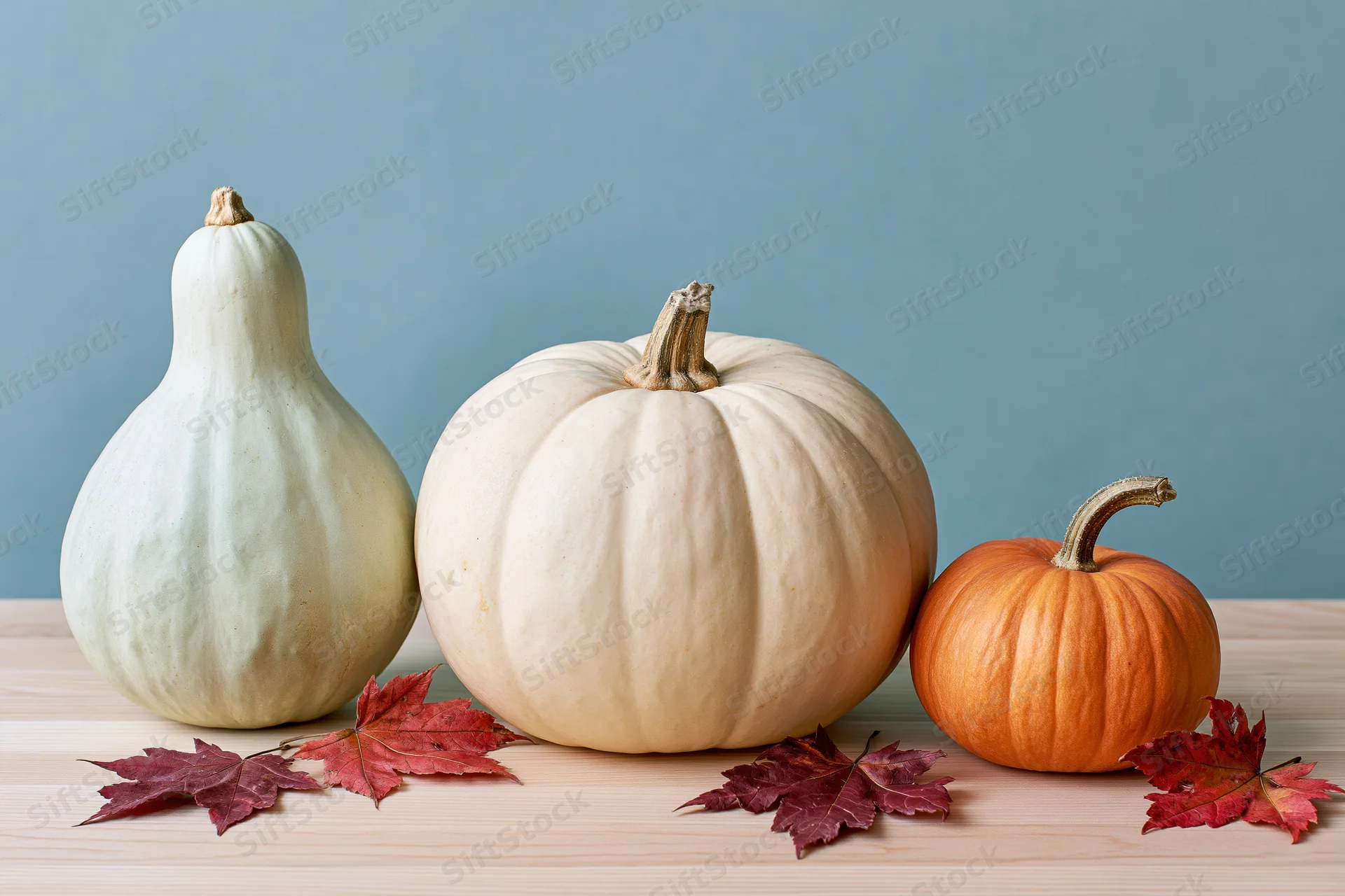 Three pumpkins and squash arranged in a row on a light wooden table with autumn leaves scattered around