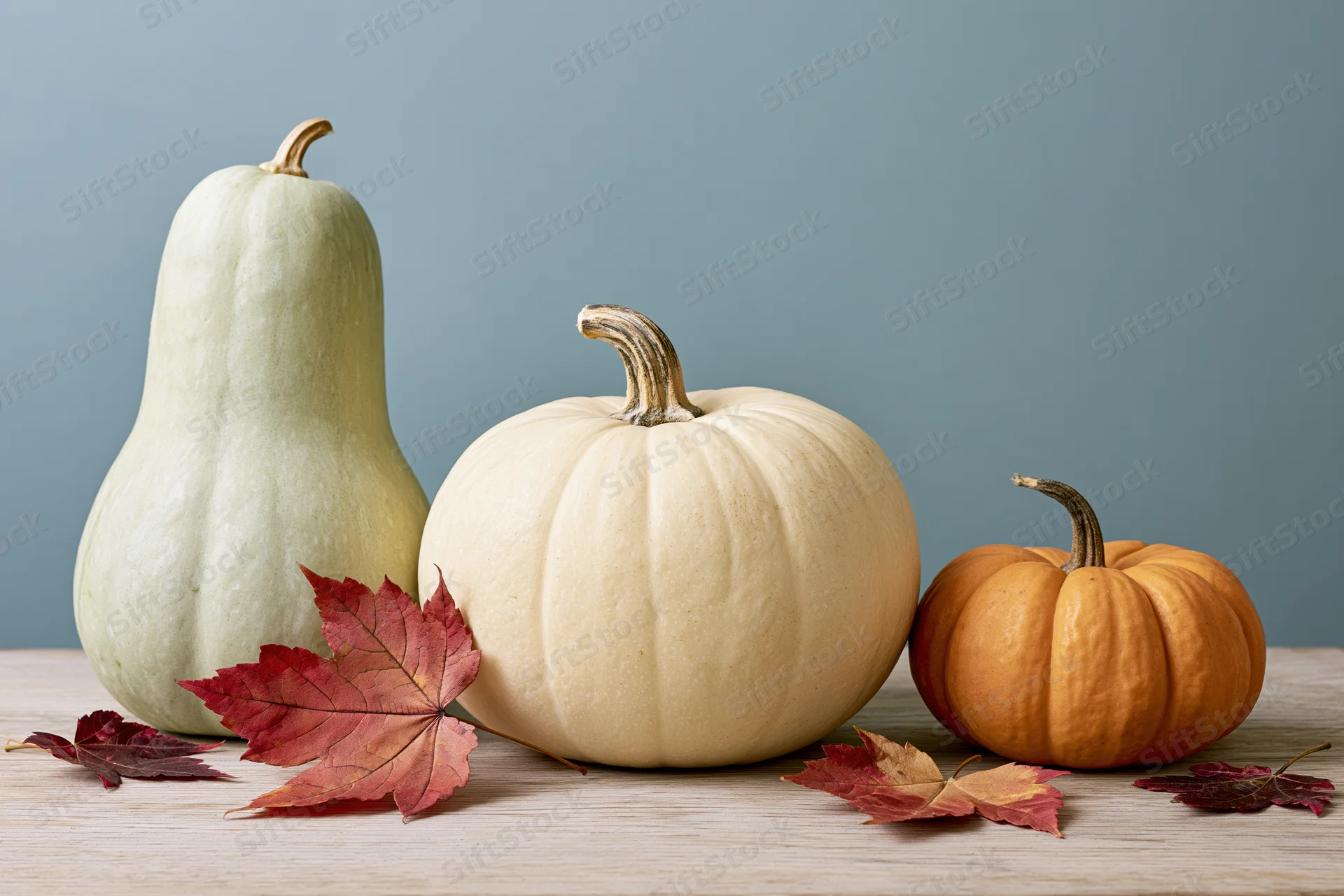 Three pumpkins and squash arranged in a row on a wooden table with autumn leaves