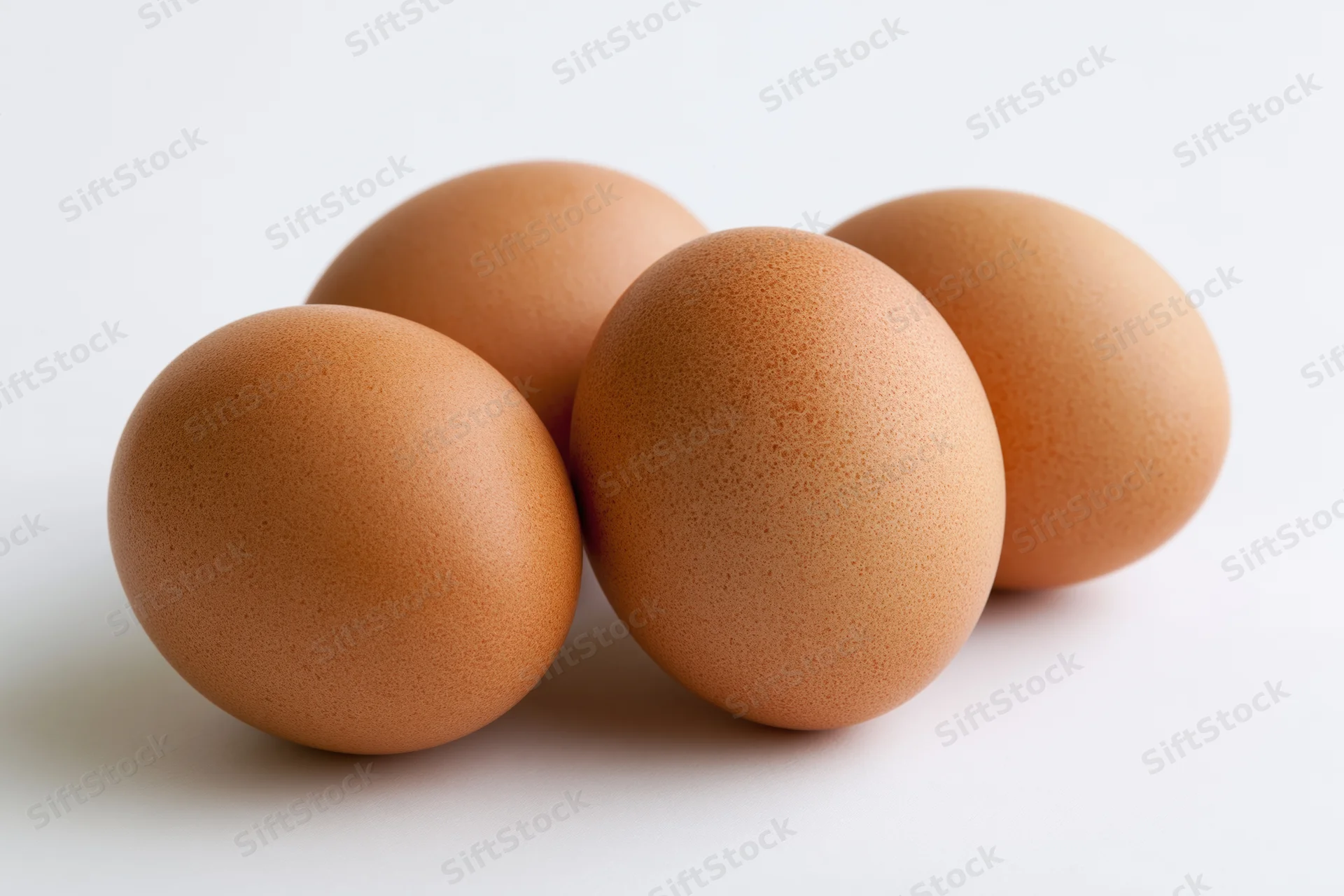 Three brown chicken eggs grouped together on a white surface with copyspace