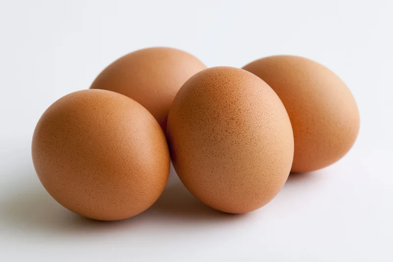 Three brown chicken eggs grouped together on a white surface with copyspace
