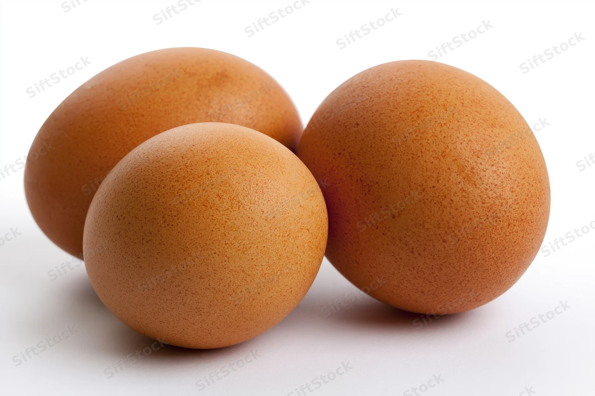 Three brown chicken eggs grouped together on a white surface