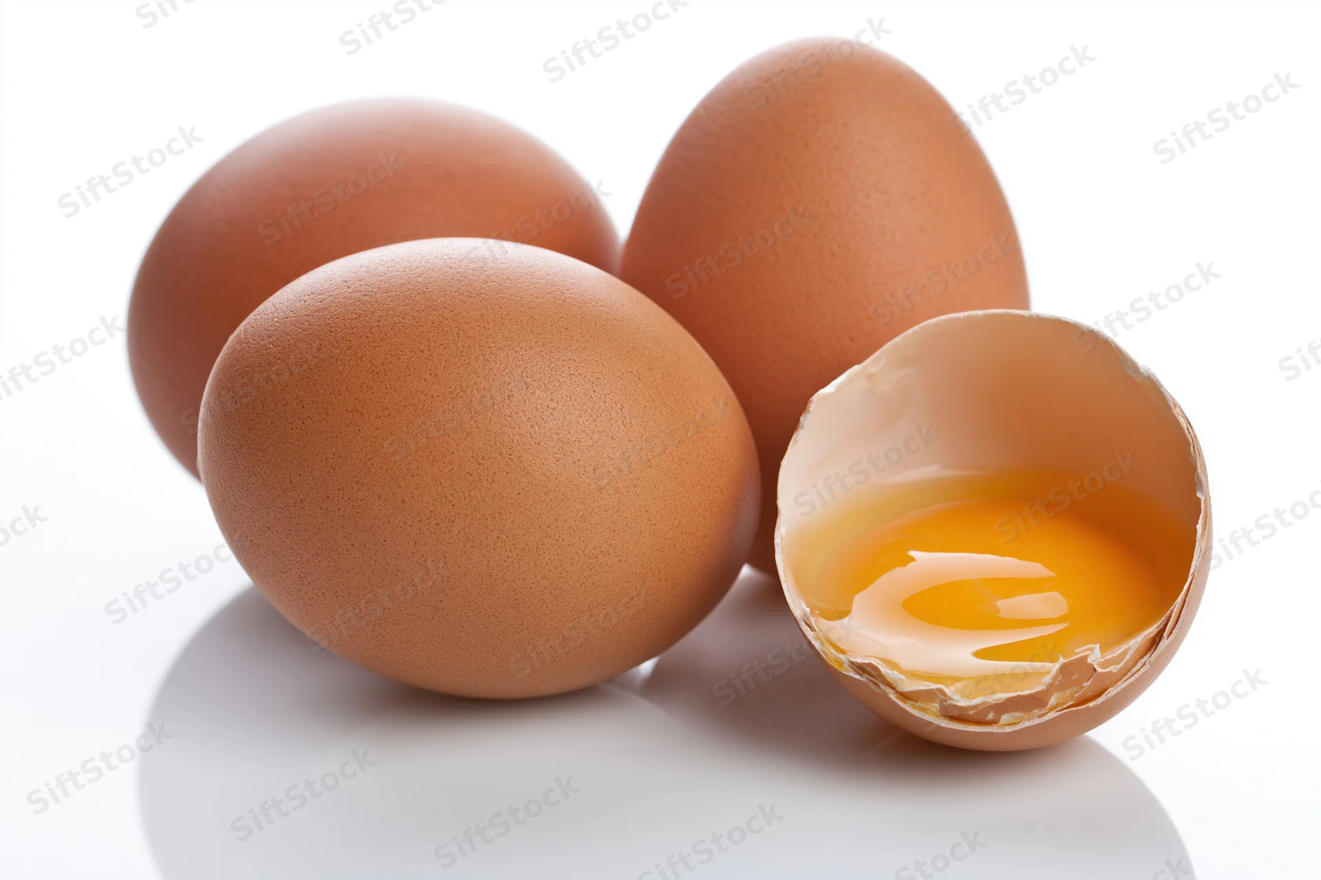 Three brown chicken eggs on white surface one cracked open showing yolk