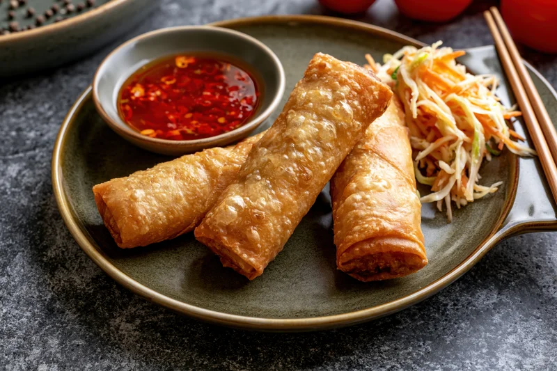 Three golden fried spring rolls arranged on a dark olive ceramic plate with dipping sauce and vegetable slaw