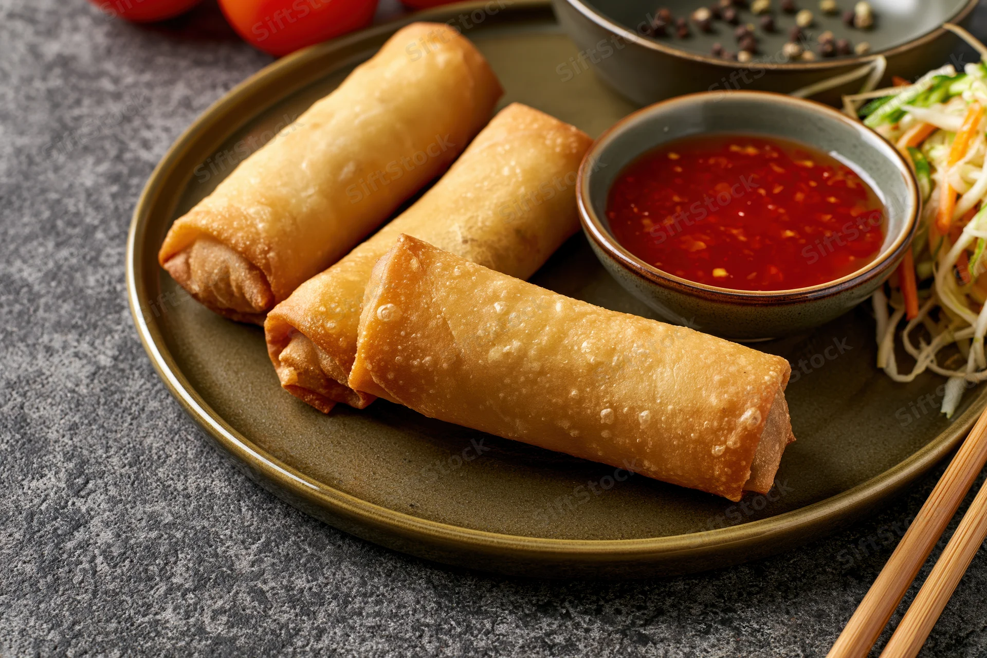 Three golden fried spring rolls arranged on a dark olive ceramic plate with dipping sauce and chopsticks nearby