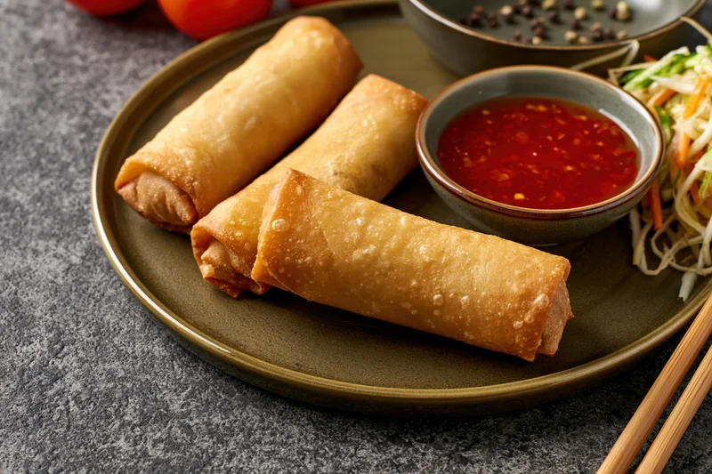 Three golden fried spring rolls arranged on a dark olive ceramic plate with dipping sauce and chopsticks nearby