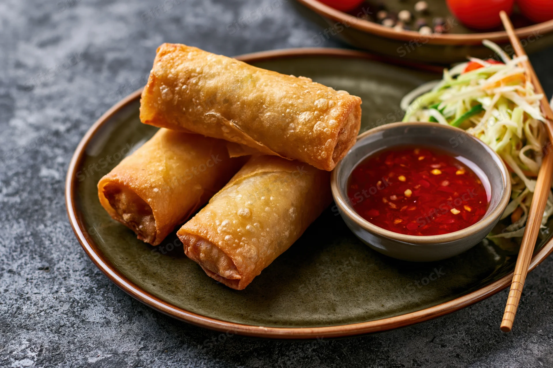 Three golden fried spring rolls arranged on a dark olive ceramic plate with chili dipping sauce and shredded vegetable garnish