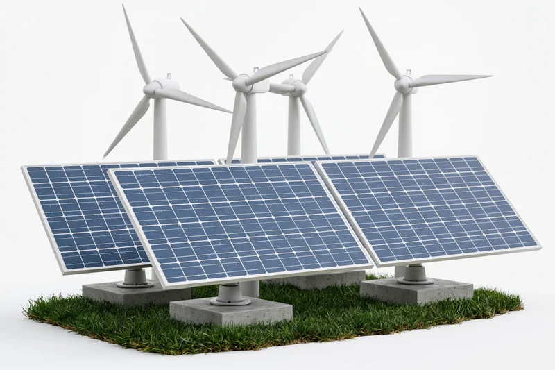 Solar panels and wind turbines arranged on grass with concrete mounts against white background