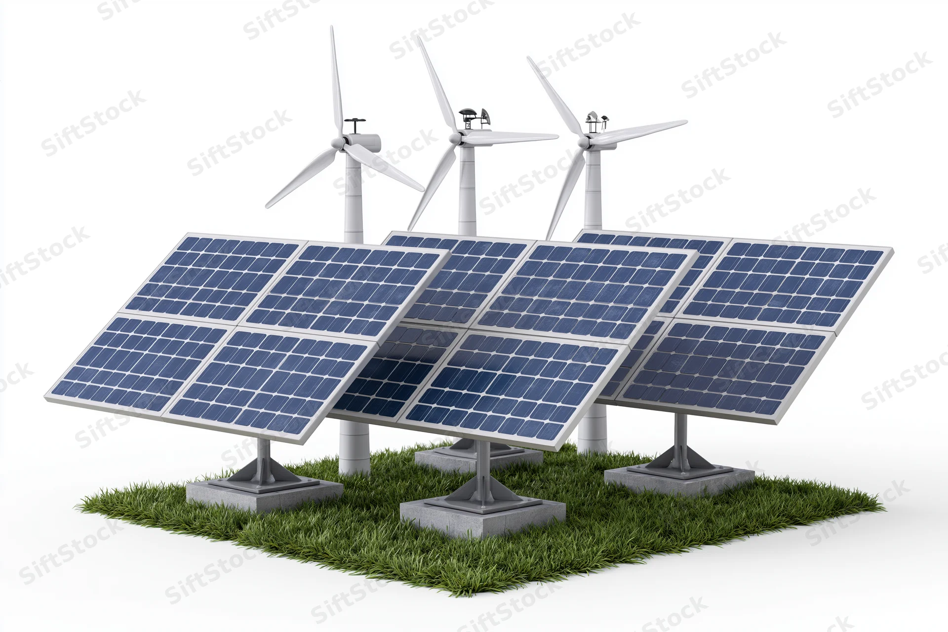 Solar panels and wind turbines arranged on grass with concrete mounts isolated on white background