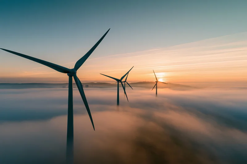 Wind turbines rising above a fog bank at sunrise
