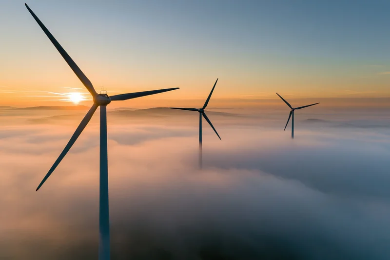 Three wind turbines rising above a fog bank at sunrise
