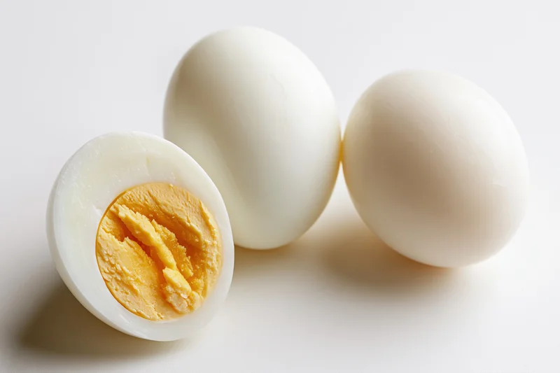 Three peeled hard-boiled eggs on white surface with one halved to show yolk
