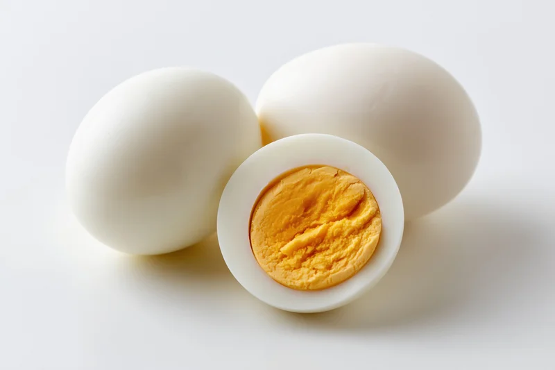 Three peeled hard-boiled eggs on white surface with one cut in half showing yolk