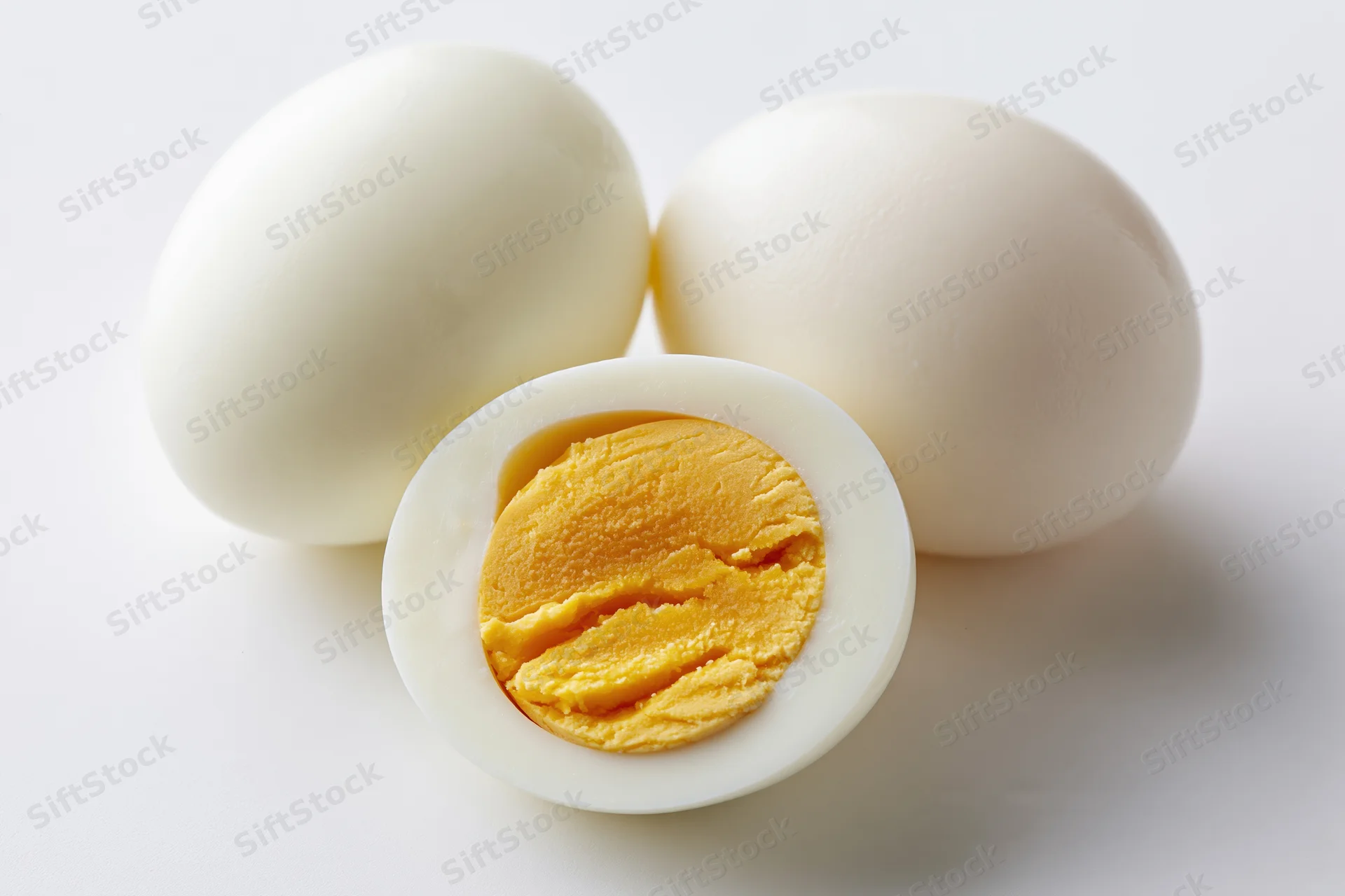 Three peeled hard-boiled eggs on white surface with one halved to show yolk