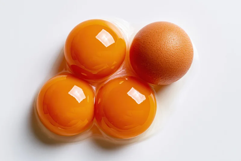 Three raw egg yolks clustered with one whole egg on white surface