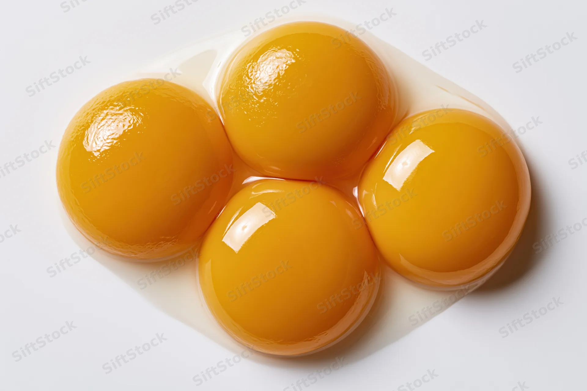 Four raw egg yolks clustered together on a white surface