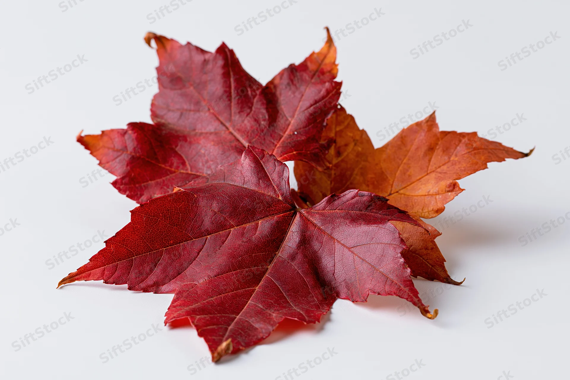 Three red maple leaves arranged loosely on a white surface