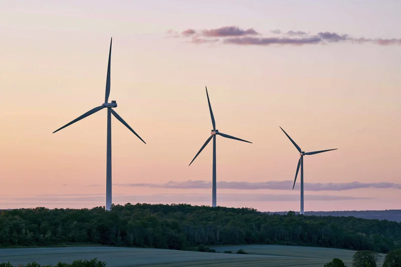 Three wind turbines standing in a row on a tree-lined hillside at sunset