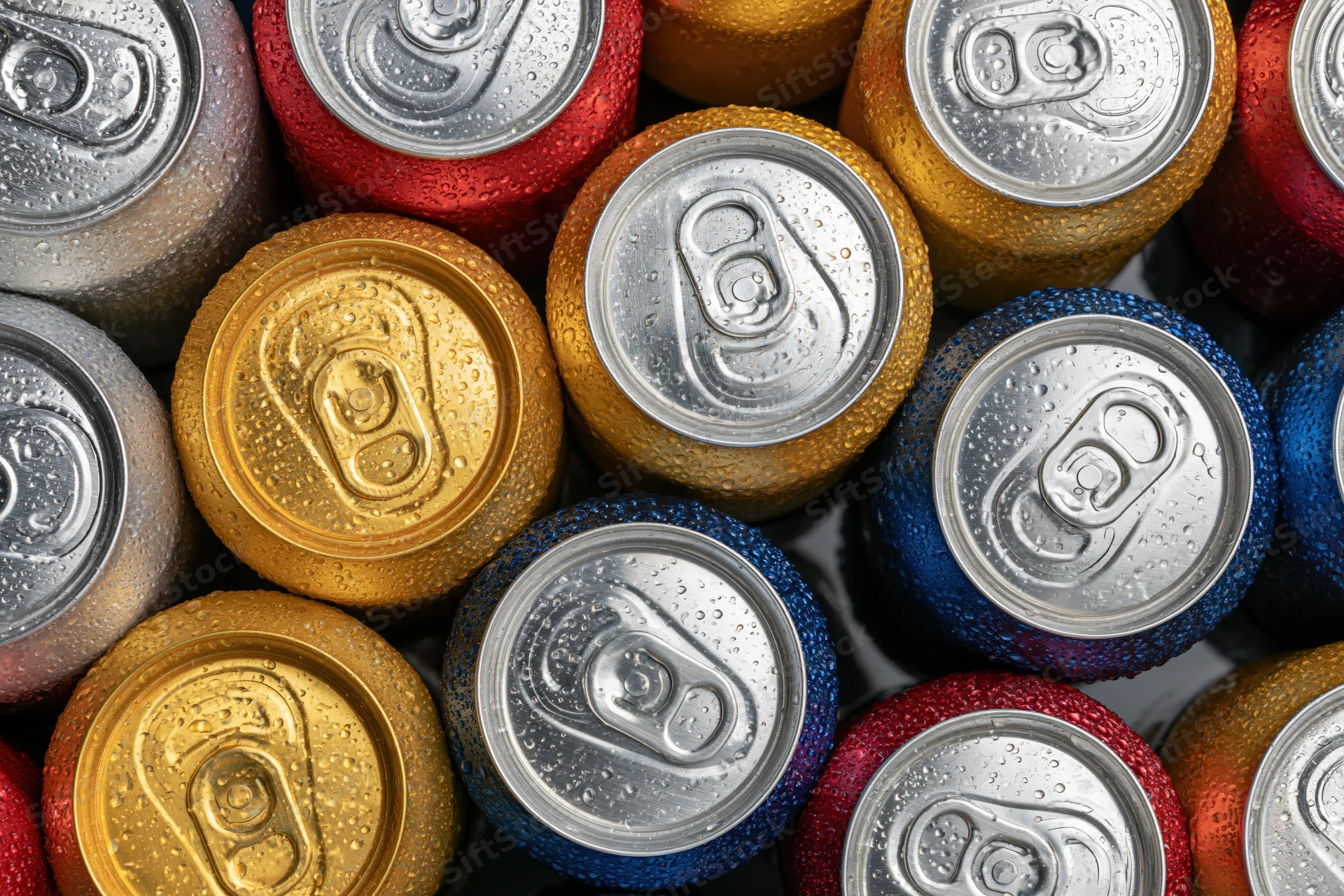 Tops of aluminum beverage cans packed tightly together, showing condensation and multicolored surfaces