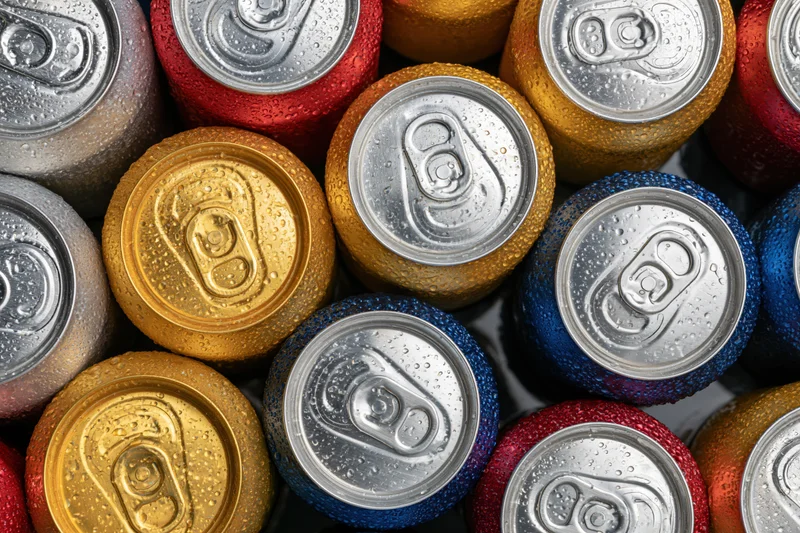 Tops of aluminum beverage cans packed tightly together, showing condensation and multicolored surfaces