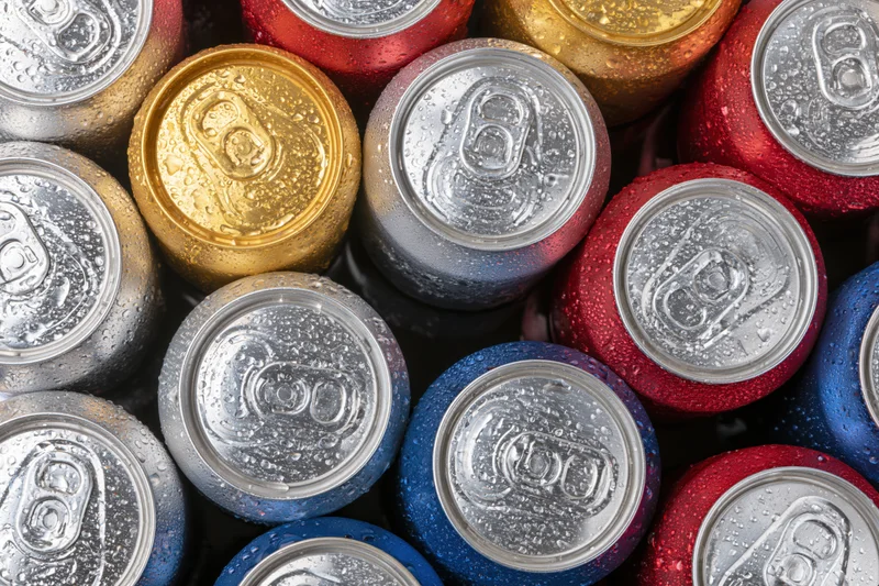 Tops of aluminum beverage cans packed tightly together, showing condensation and multicolored surfaces