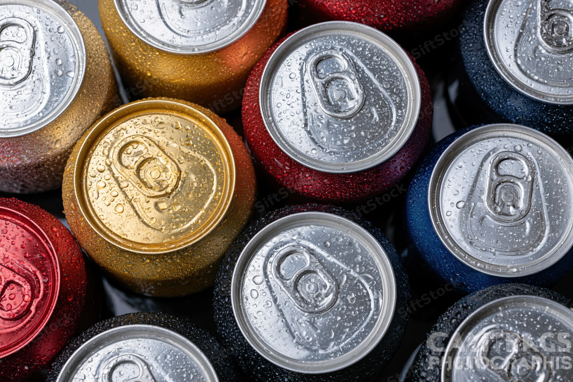 Tops of aluminum beverage cans packed tightly together, covered in condensation droplets, viewed from above