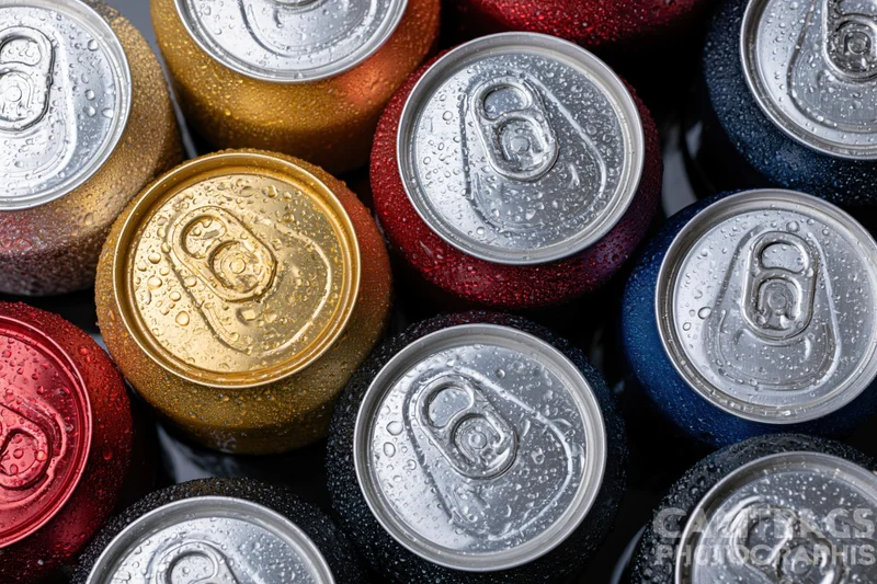 Tops of aluminum beverage cans packed tightly together, covered in condensation droplets, viewed from above