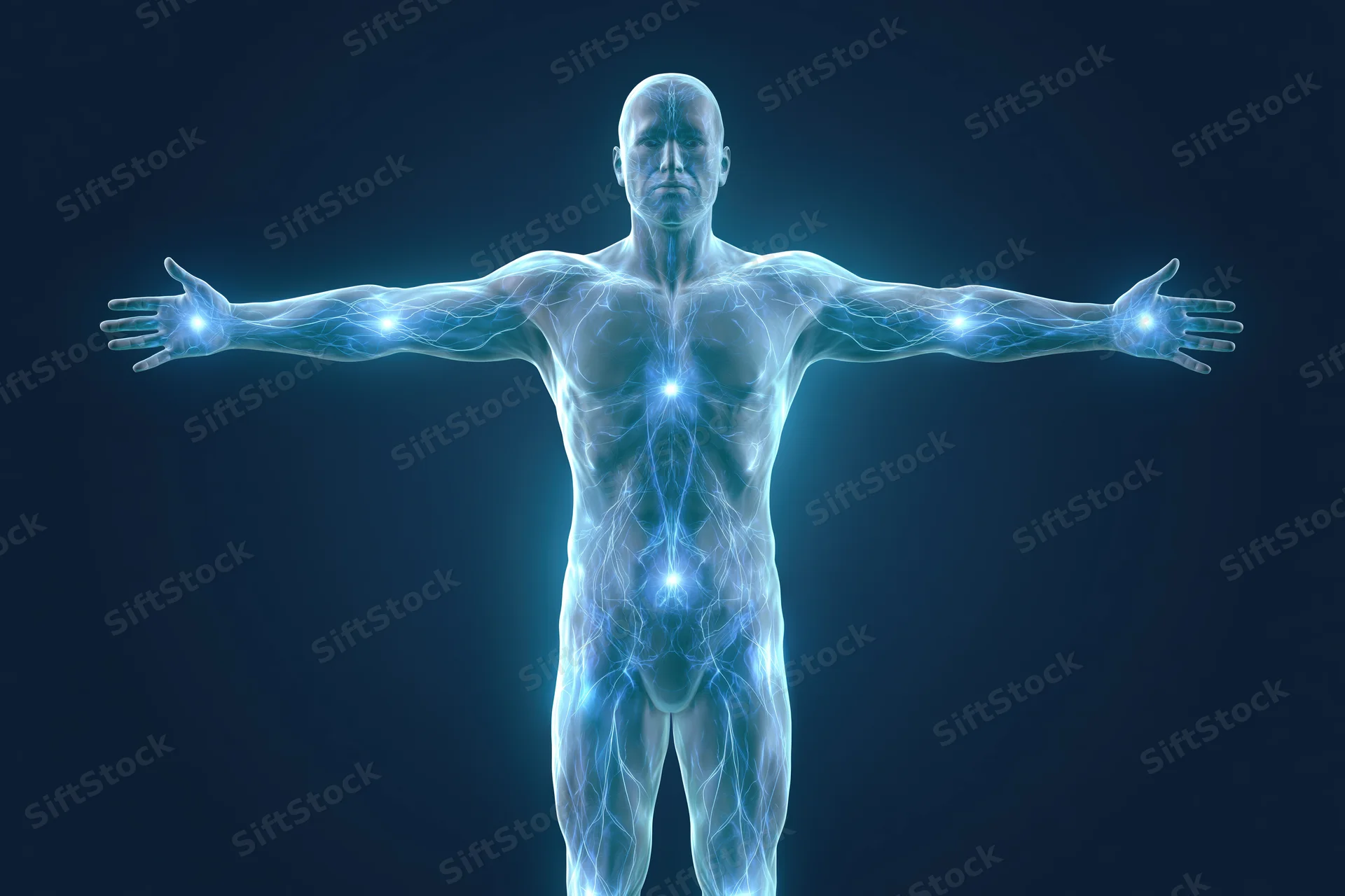 Translucent glowing male human body standing with arms outstretched against dark background