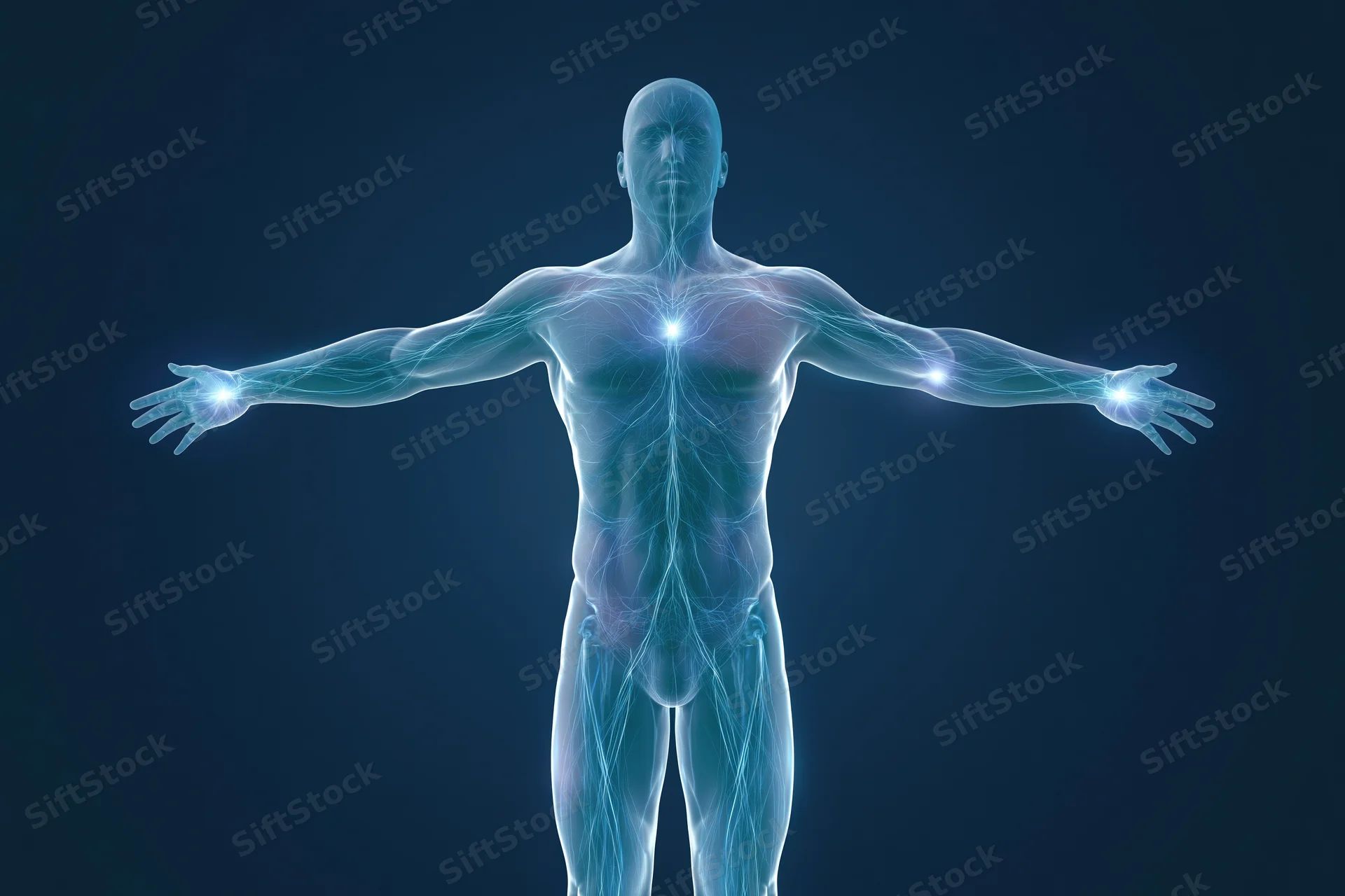Translucent glowing human figure standing with arms outstretched against dark background