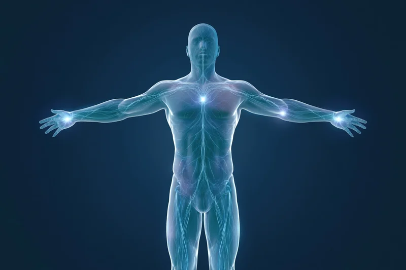 Translucent glowing human figure standing with arms outstretched against dark background