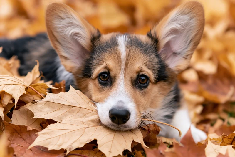 Tricolor corgi puppy peeking from a pile of fallen autumn leaves